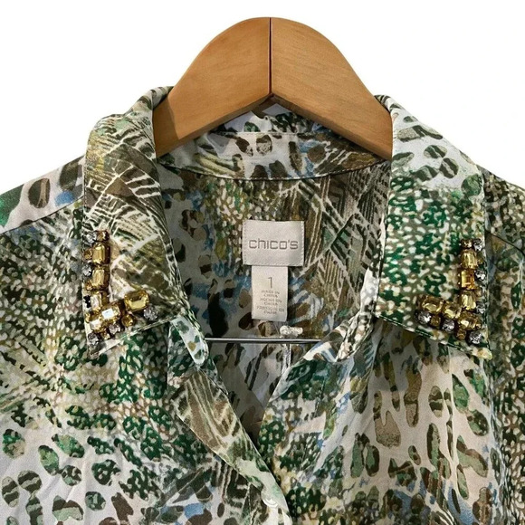 Chicos NWT Green Leopard Print Abstract Button Up Blouse Rhinestone Bling Collar - Picture 3 of 12